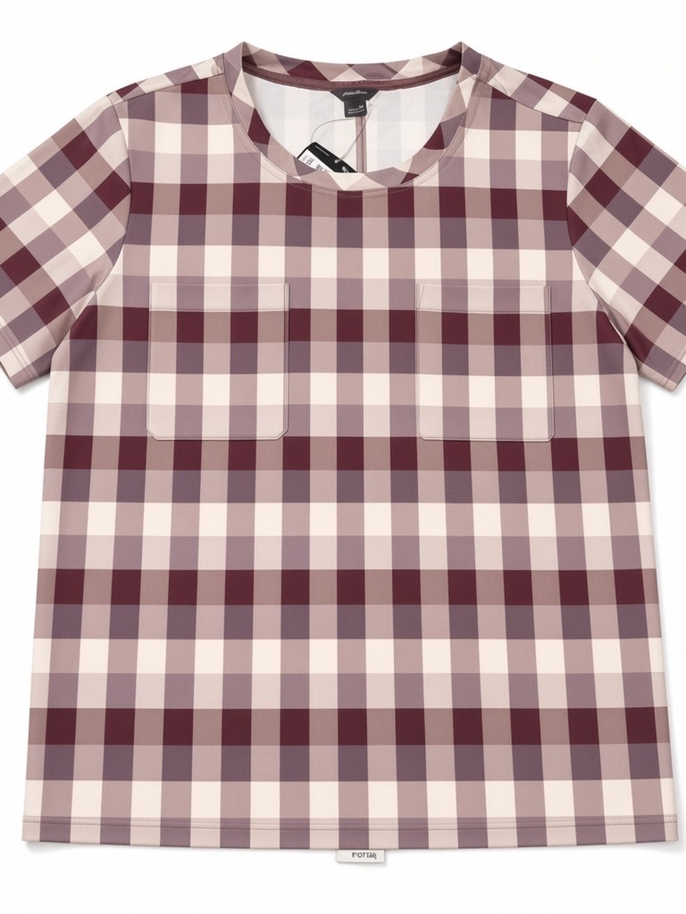 Women's Eddie Bauer Escapelite Cream & Burgundy Short Sleeve Plaid Blouse  M
